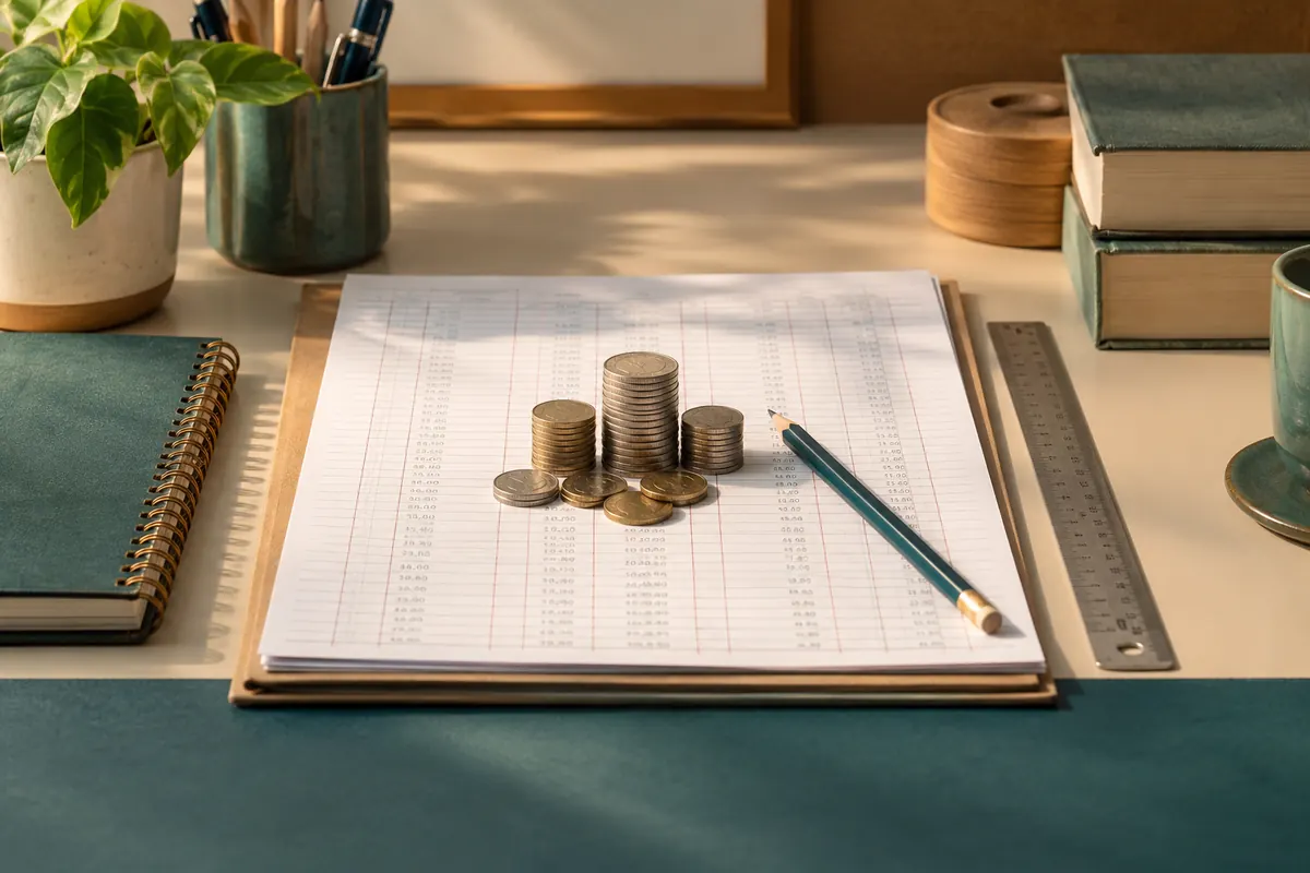 Paper accounting ledger, coins and pencil