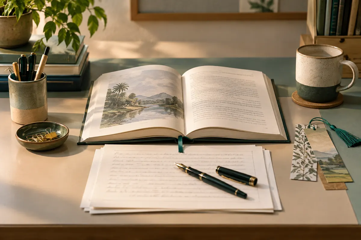 Literature book, essay draft and pen for Bahasa Melayu revision