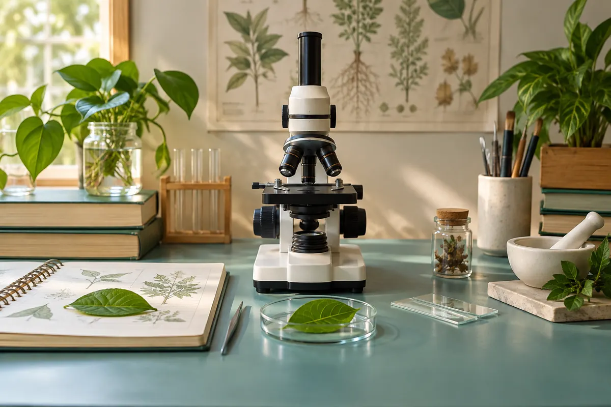 Microscope and leaf specimen for school biology