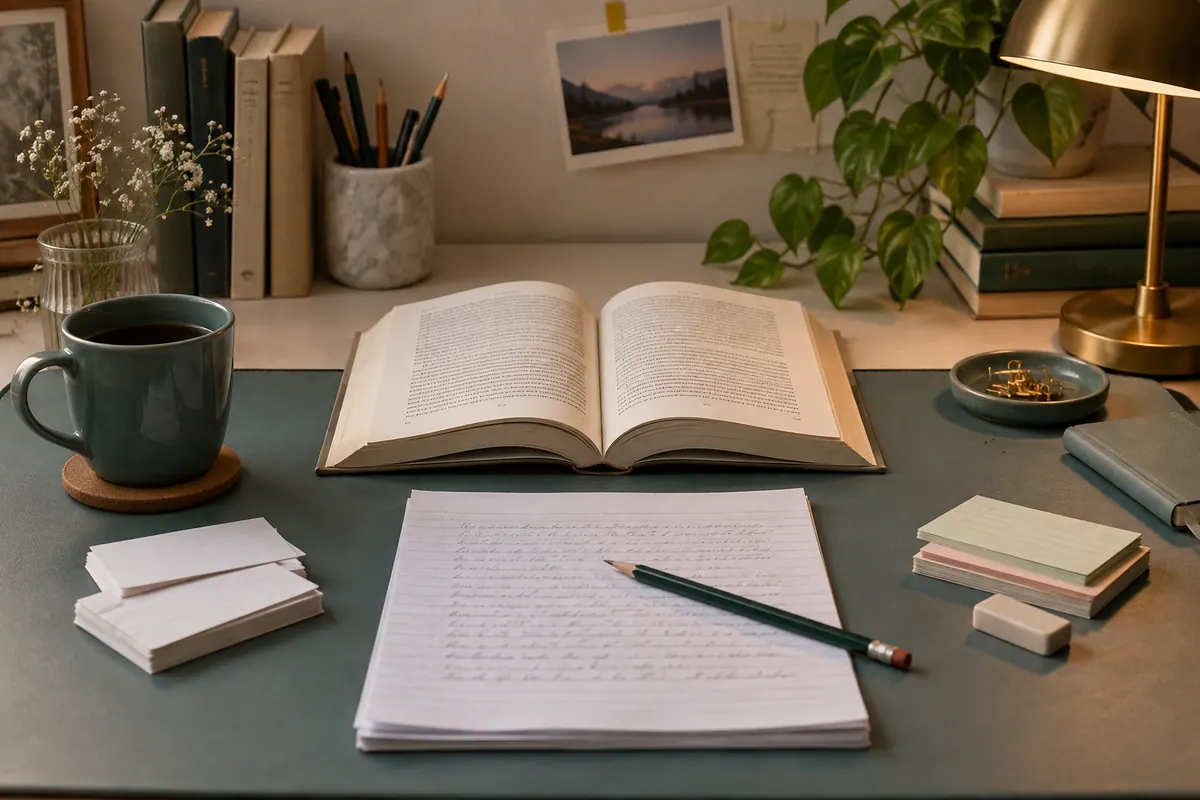 Literature book, essay draft and vocabulary cards for English revision