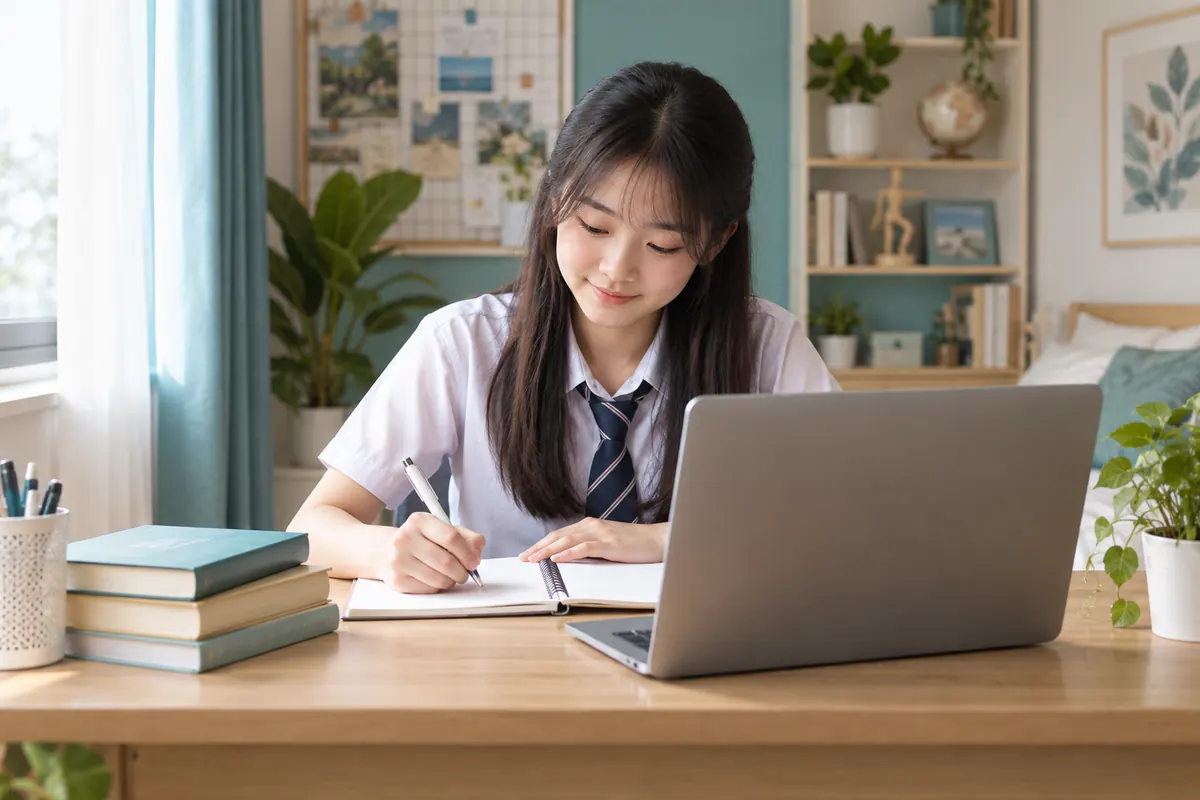 Student taking paper notes during an online SPM lesson at home