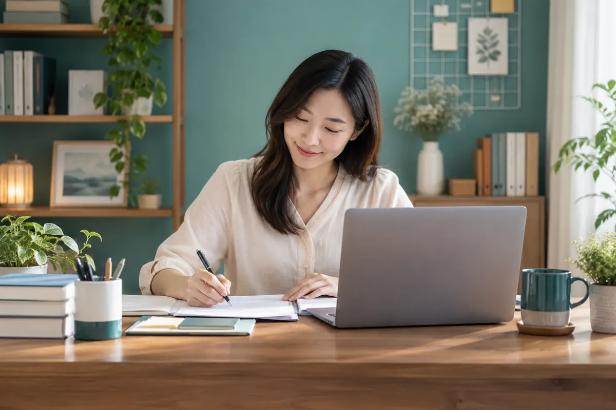 Teacher preparing paper notes for remote SPM lessons