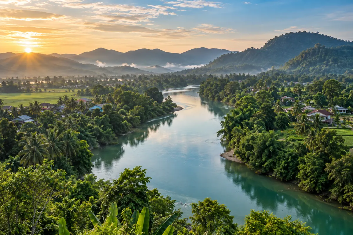Tropical river landscape with forested hills and distant homes