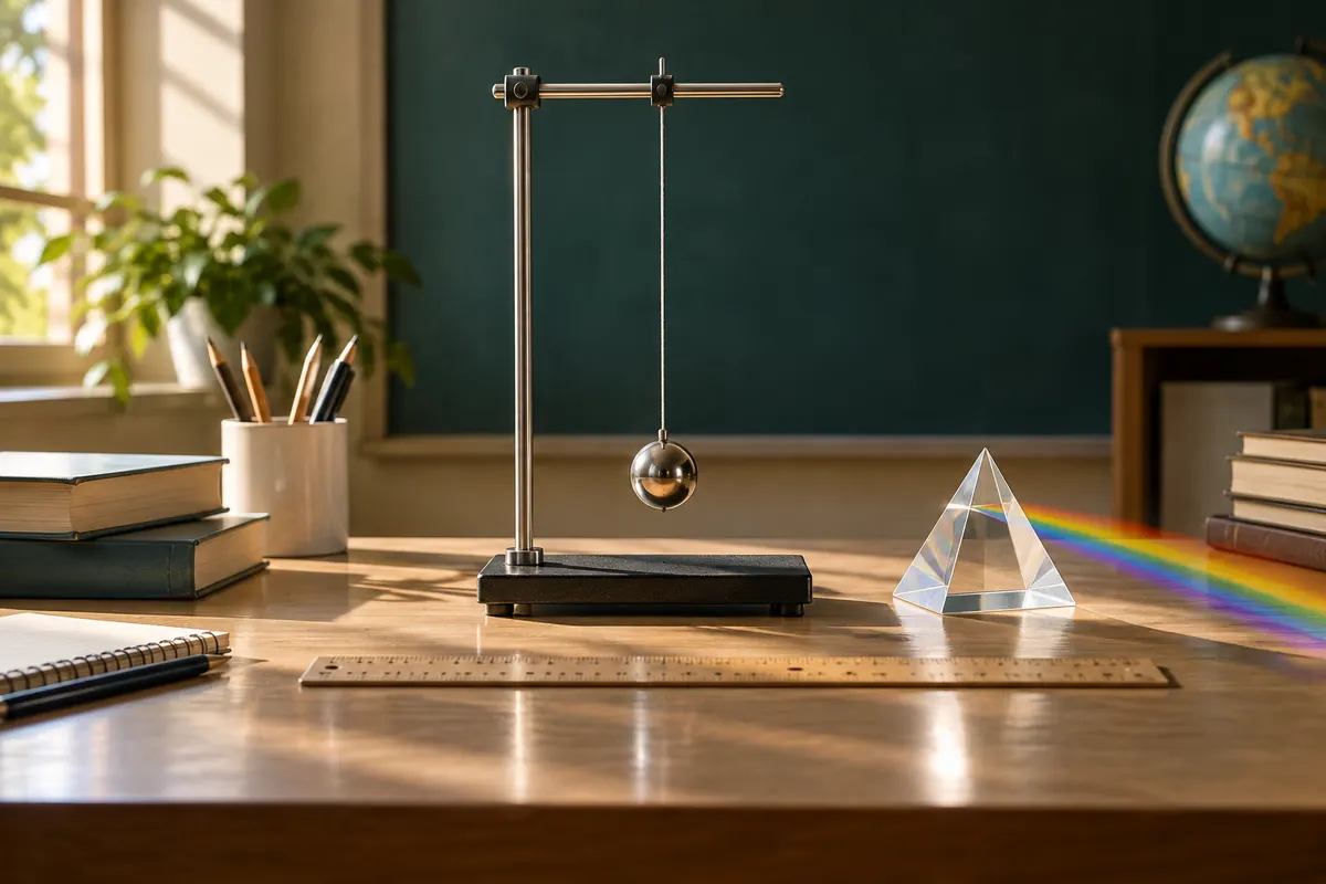 Pendulum, ruler and glass prism for school physics