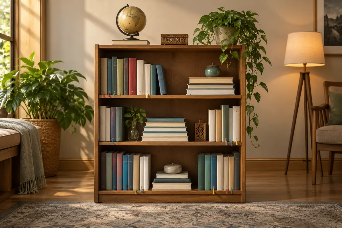 Bookshelf with textbooks and revision bookmarks