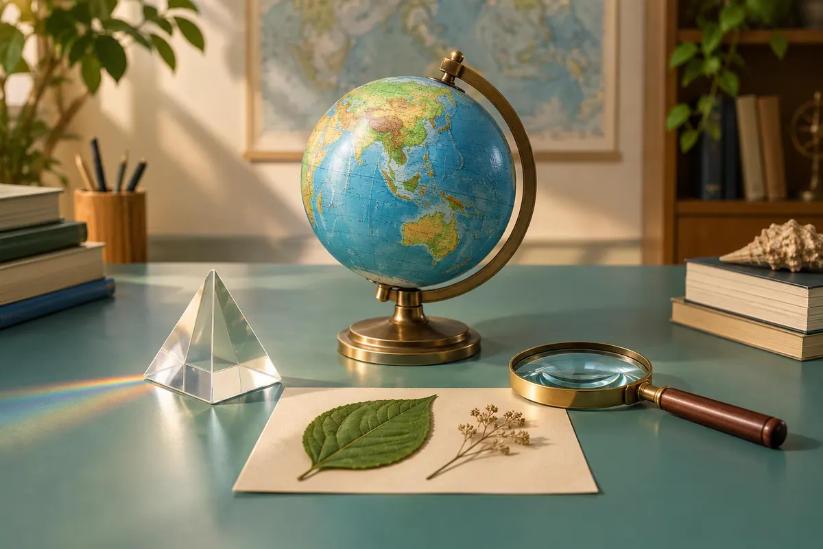 Globe, prism, leaf and magnifying glass for science study