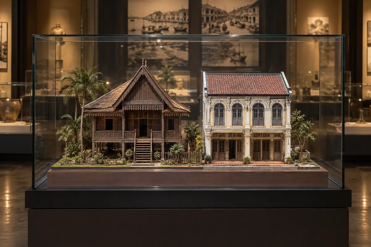 Models of a traditional Malay house and Malaysian shophouse architecture