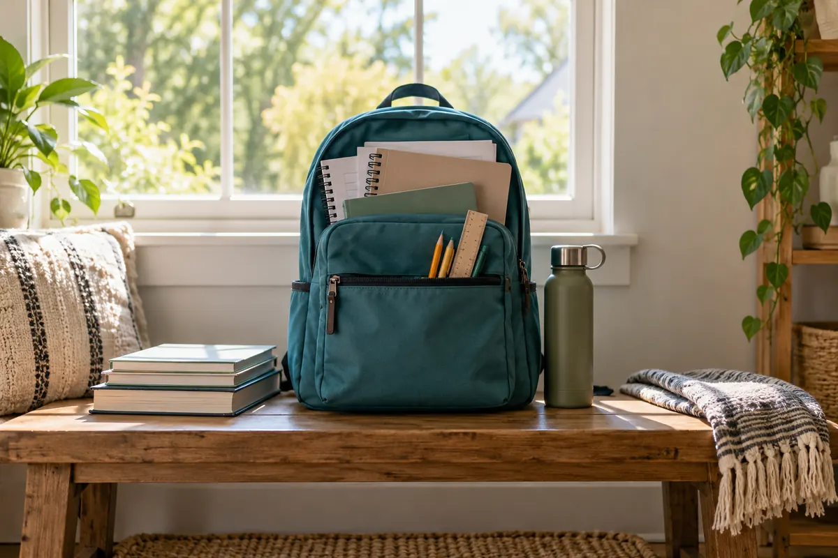 School backpack and organised paper revision notes