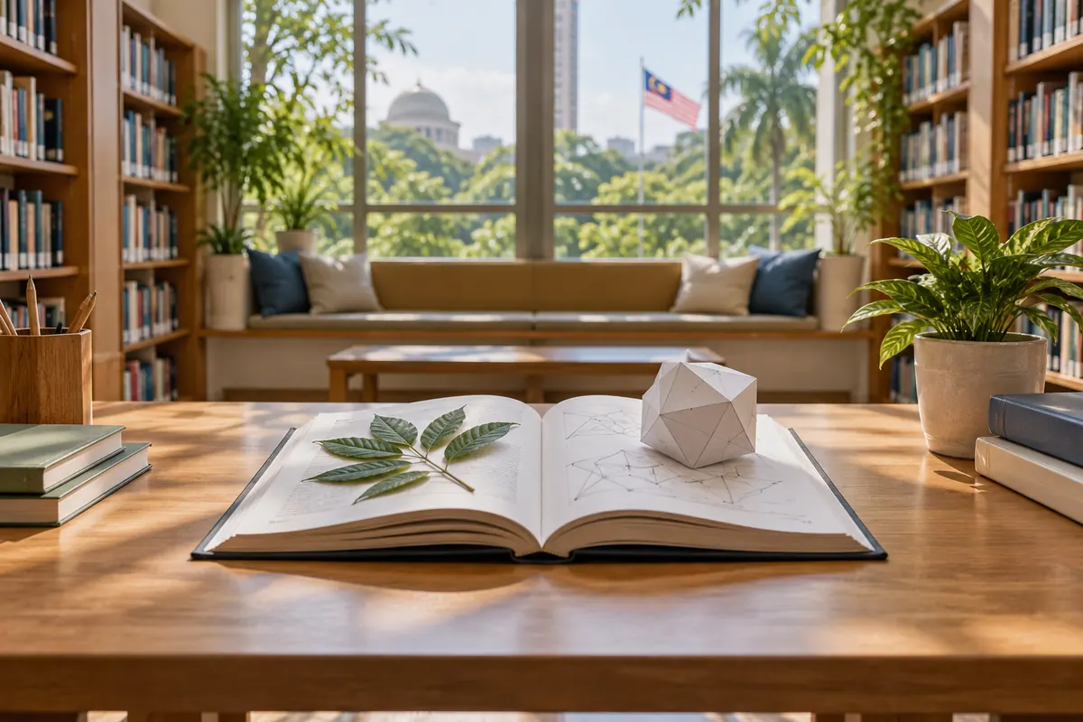 Open textbook, geometric paper model and leaf specimen in a library